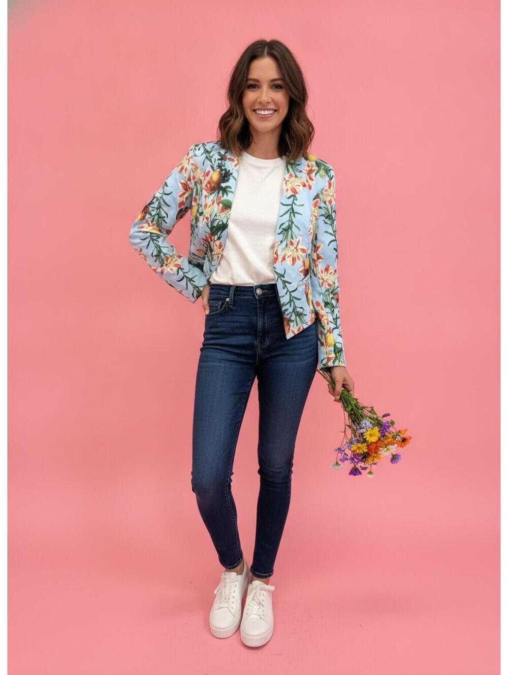 Deftduck Floral Print Cropped Blazer Jacket